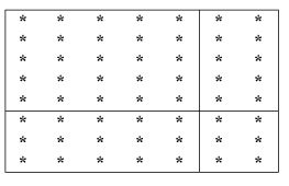 7 kolonner og 8 rader med prikker. Det går en vannrett strek etter den femte raden.